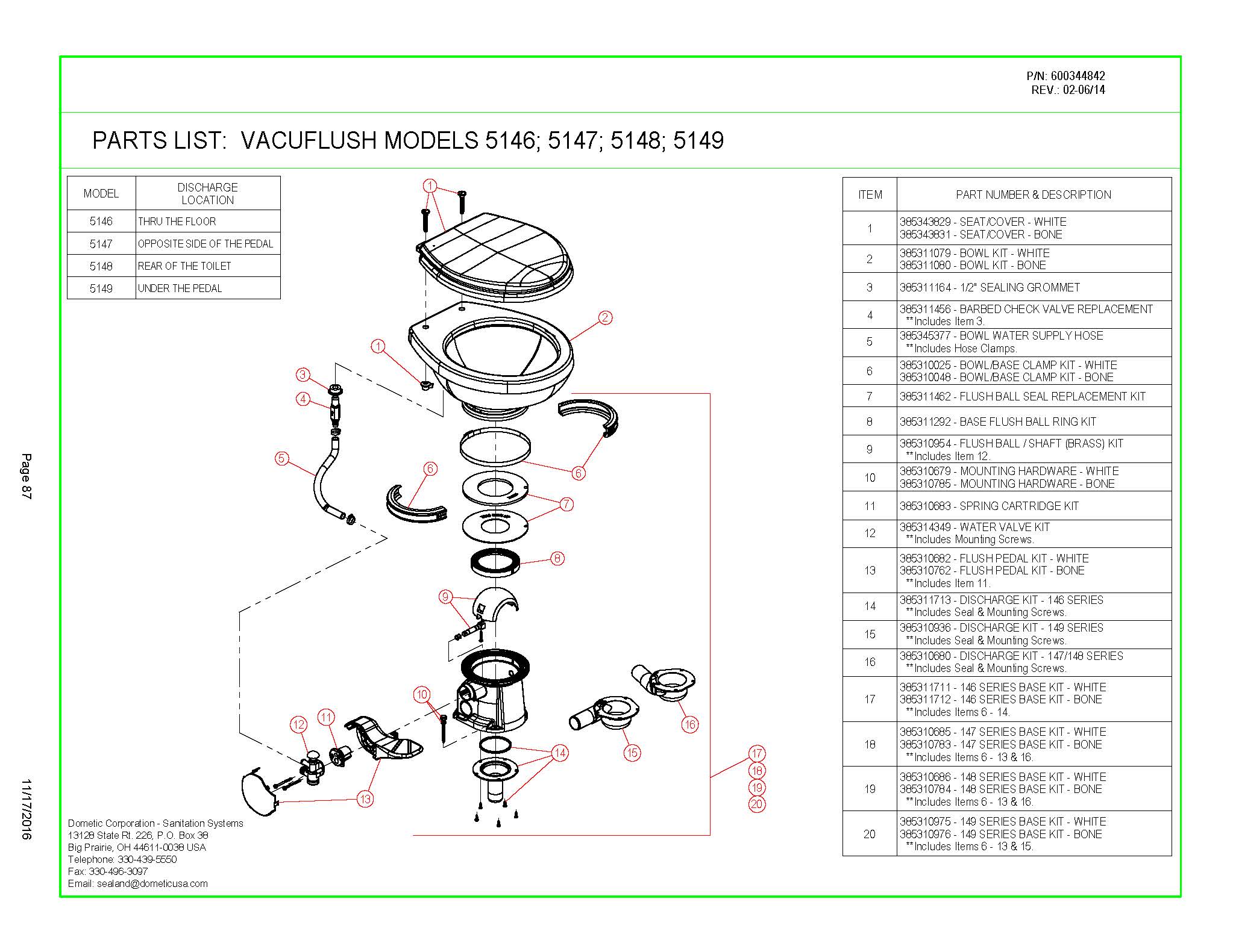 Sealand Dometic Vacuflush 5148 Toilet Spare Parts